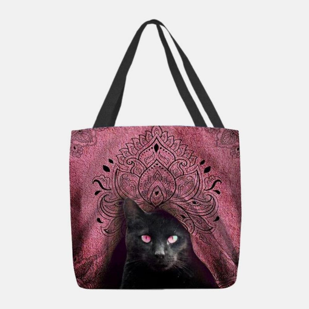 Dames Canvas Schattige Zwarte Kat Patroon Handtas Tote Schoudertas