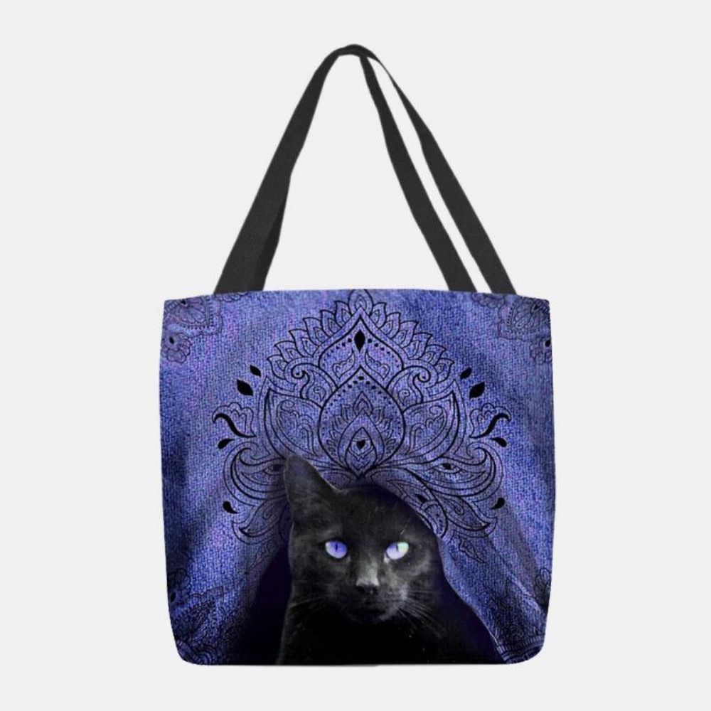 Dames Canvas Schattige Zwarte Kat Patroon Handtas Tote Schoudertas