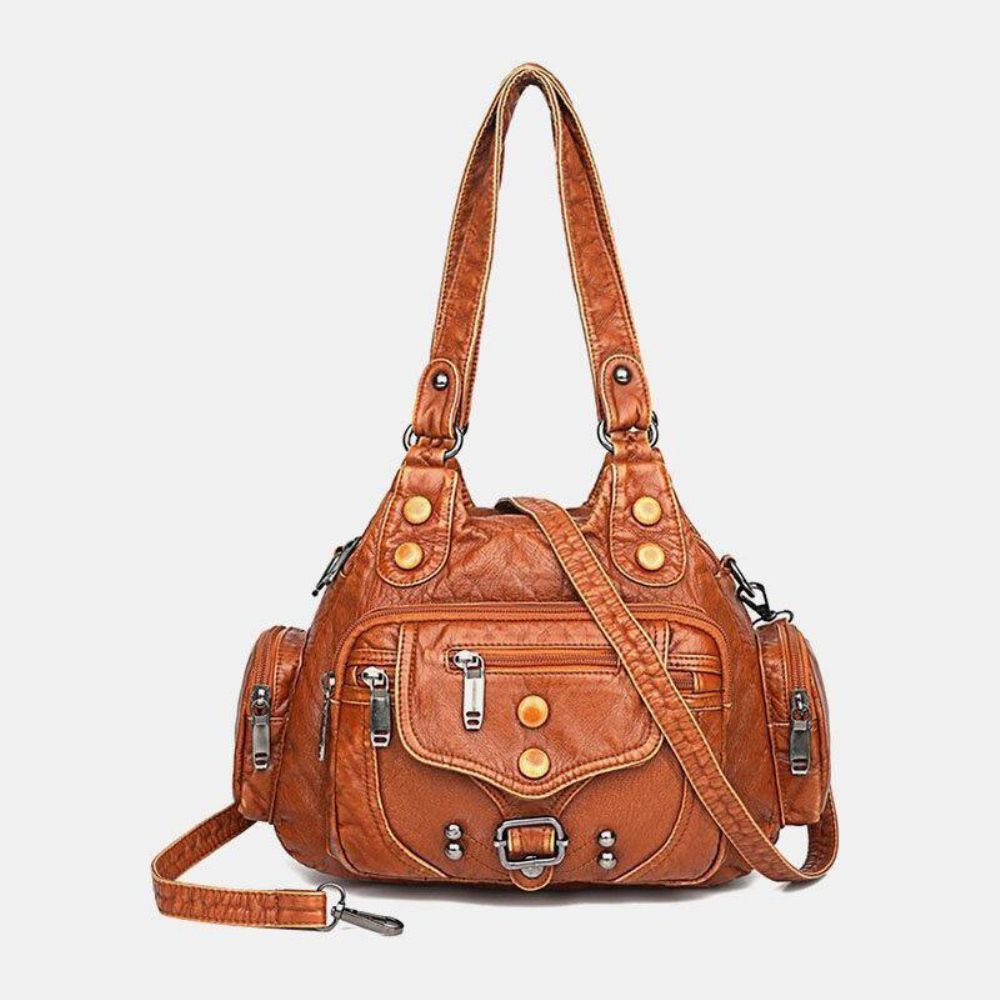 Dames Pu-Leer Grote Capaciteit Multi-Pocket Klinknageldecoratie Retro Soft Tote Handtassen Crossbodytassen