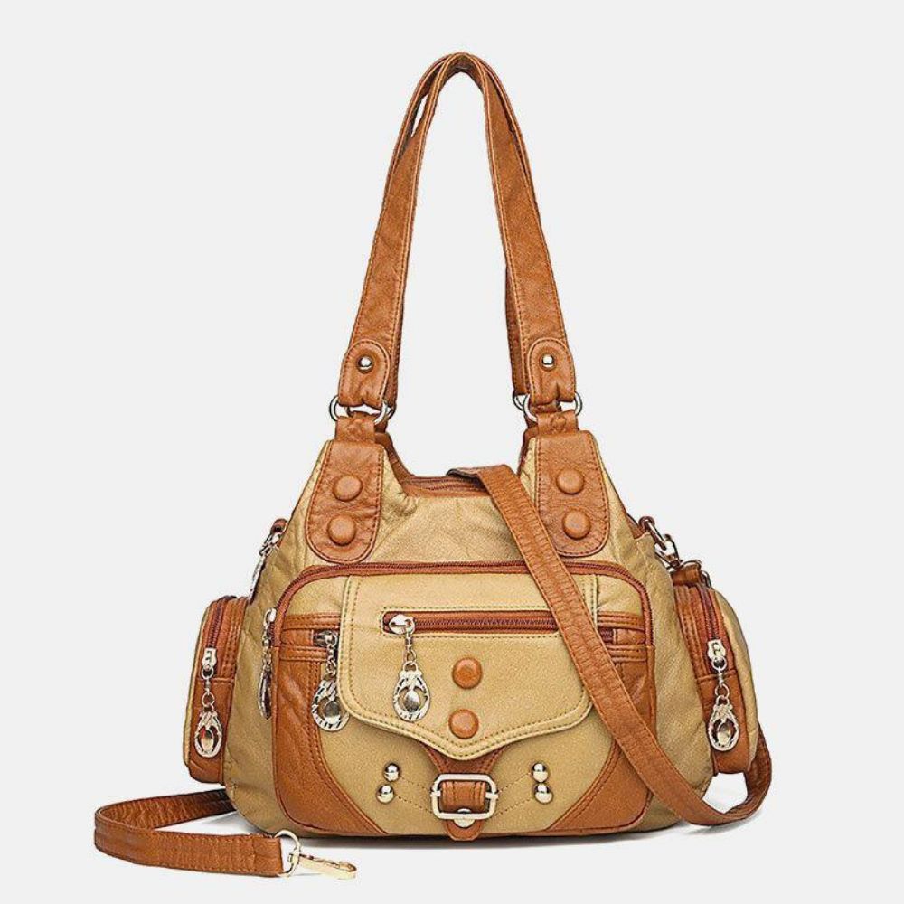 Dames Pu-Leer Grote Capaciteit Multi-Pocket Klinknageldecoratie Retro Soft Tote Handtassen Crossbodytassen