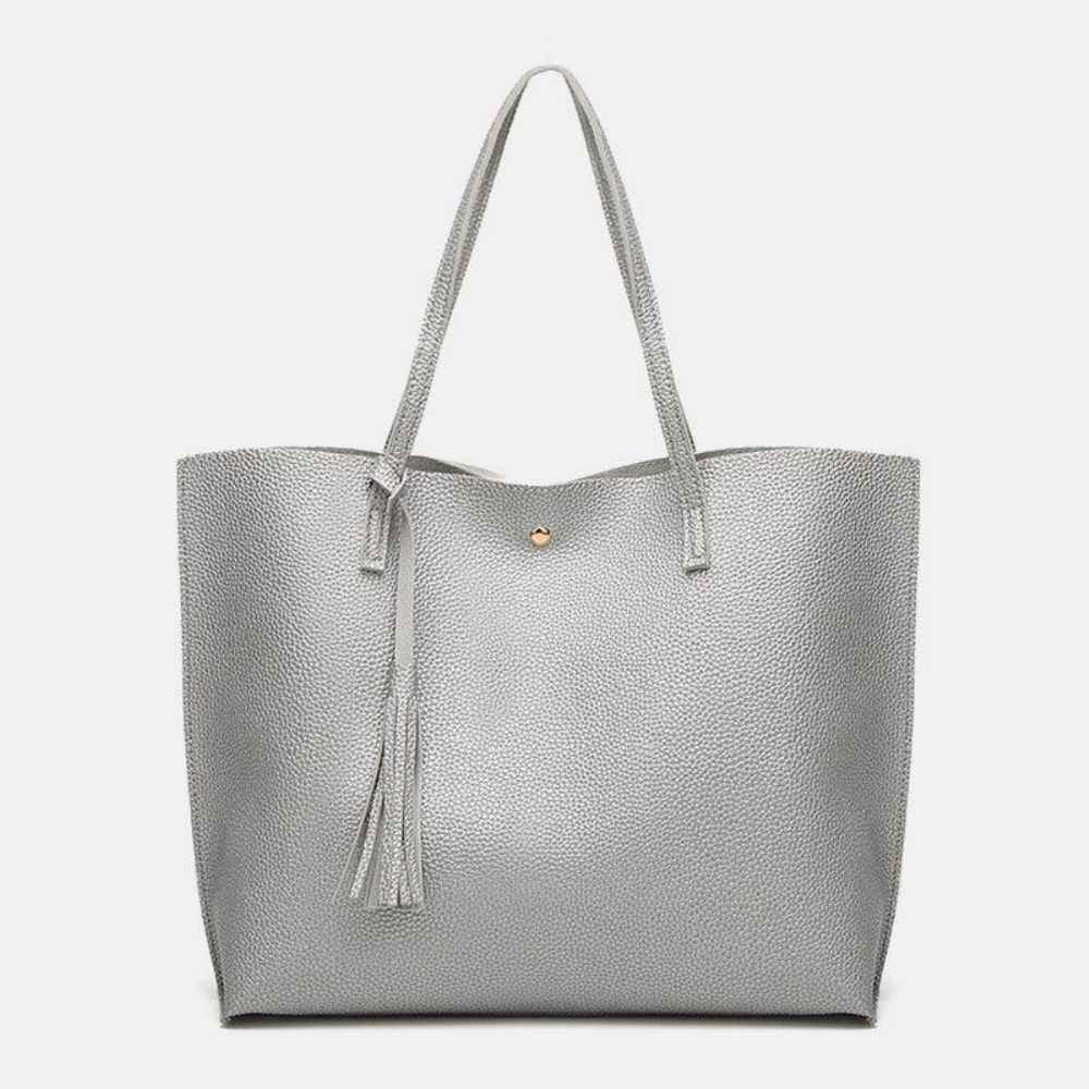 Dames Pu-Leer Lychee-Patroon Grote Capaciteit Casual Tassel Solid Tote Schoudertas Handtas