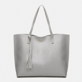 Dames Pu-Leer Lychee-Patroon Grote Capaciteit Casual Tassel Solid Tote Schoudertas Handtas