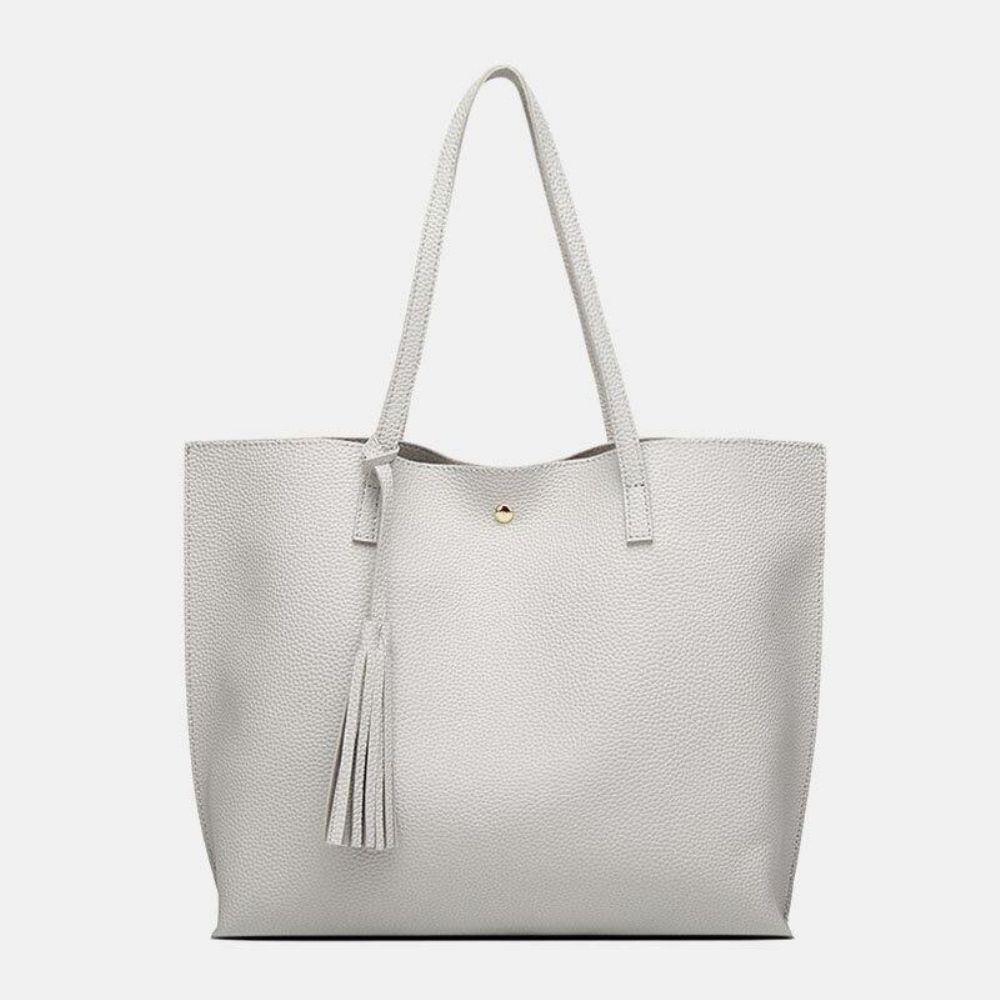 Dames Pu-Leer Lychee-Patroon Grote Capaciteit Casual Tassel Solid Tote Schoudertas Handtas