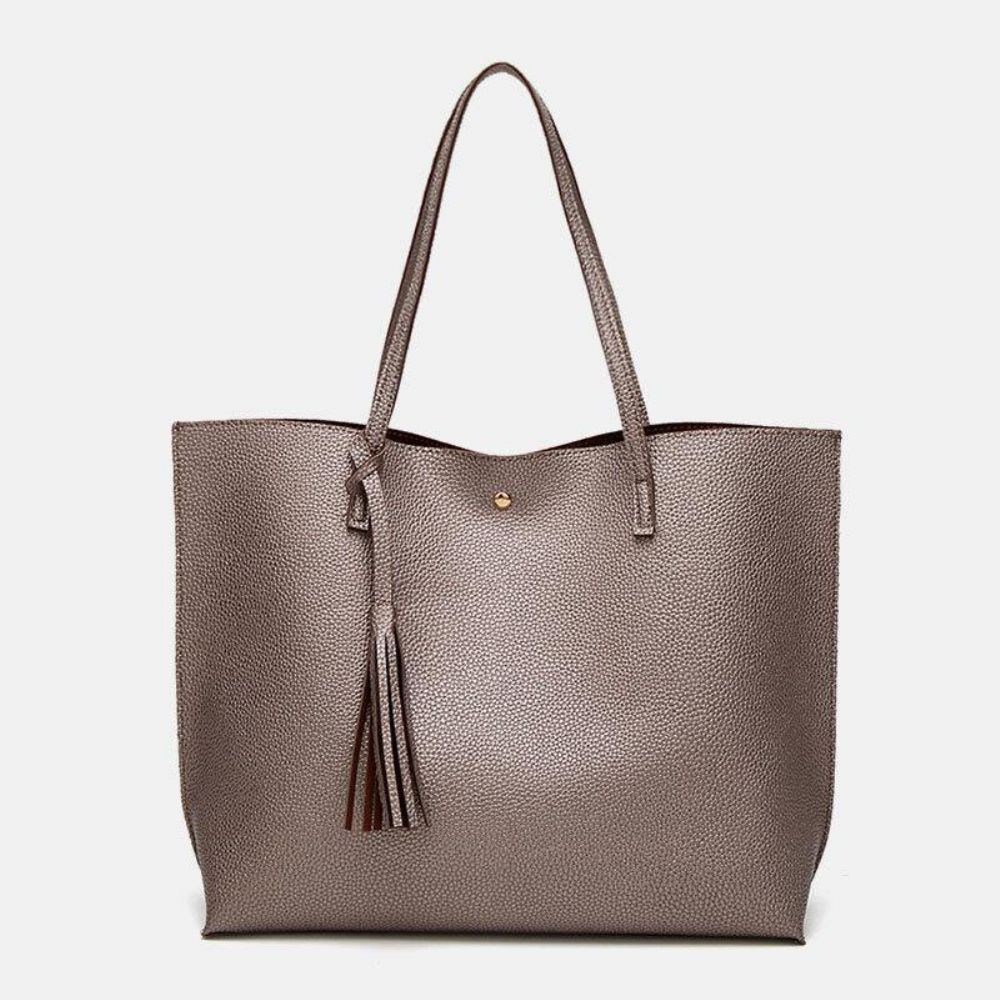 Dames Pu-Leer Lychee-Patroon Grote Capaciteit Casual Tassel Solid Tote Schoudertas Handtas