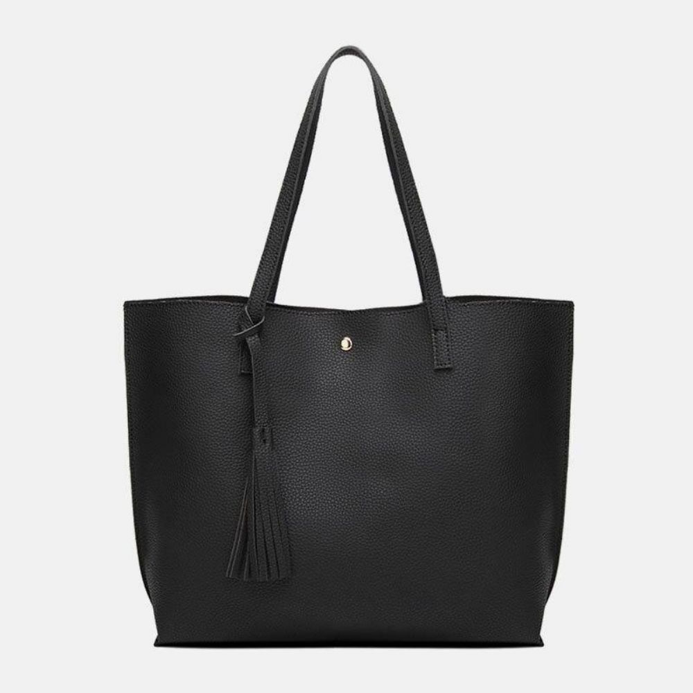 Dames Pu-Leer Lychee-Patroon Grote Capaciteit Casual Tassel Solid Tote Schoudertas Handtas