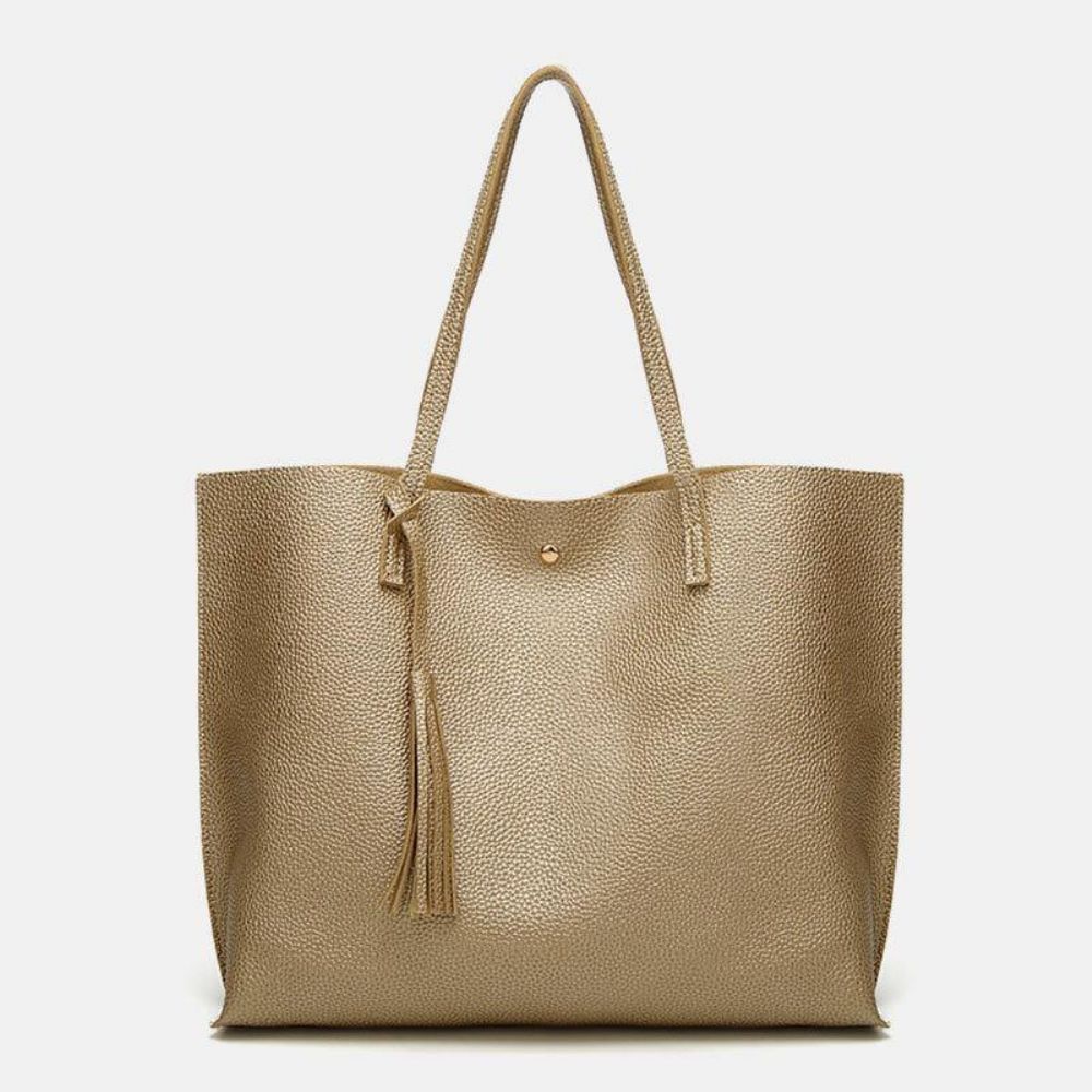 Dames Pu-Leer Lychee-Patroon Grote Capaciteit Casual Tassel Solid Tote Schoudertas Handtas