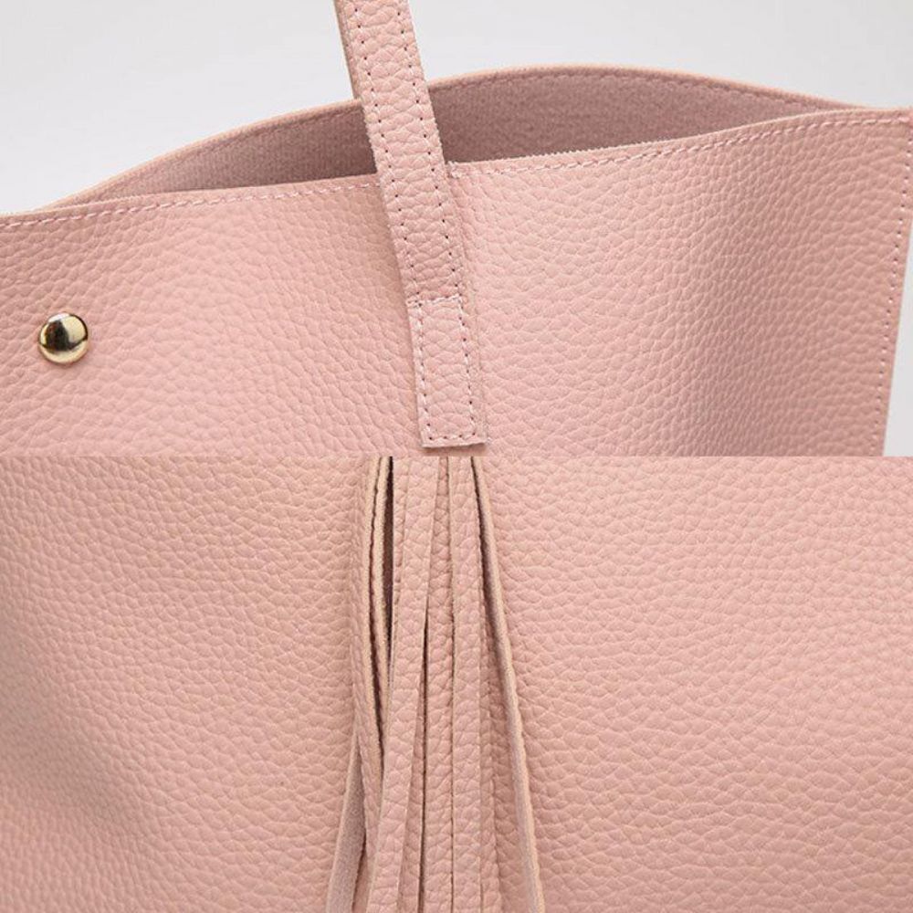 Dames Pu-Leer Lychee-Patroon Grote Capaciteit Casual Tassel Solid Tote Schoudertas Handtas