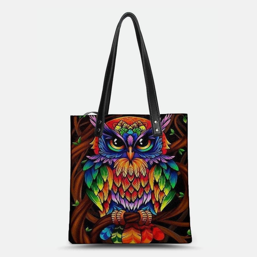 Kleur Uil Print Patroon Lederen Draagtas Sticker Schoudertas Handtas Tote Met Ingebouwde Kleine Tas