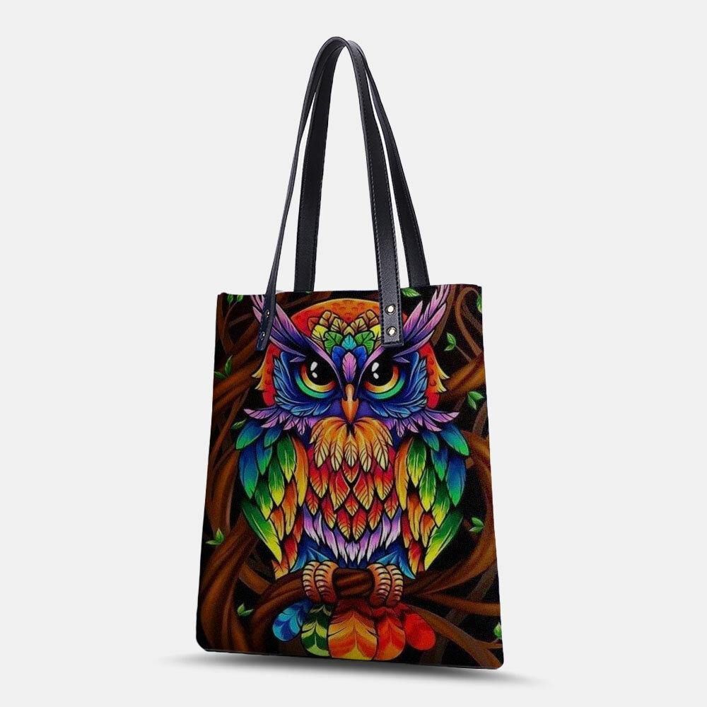 Kleur Uil Print Patroon Lederen Draagtas Sticker Schoudertas Handtas Tote Met Ingebouwde Kleine Tas