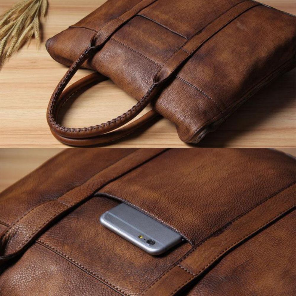 Mannen Echt Leer Retro Multi-Pocket 15.6 Inch Laptoptas Aktetas Zakelijke Handtas Crossbody Tas