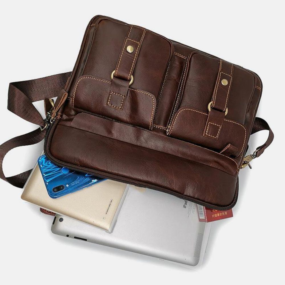 Mannen Lederen Multi-Pocket Handtas Zakelijke Tas Laptoptas Schoudertas