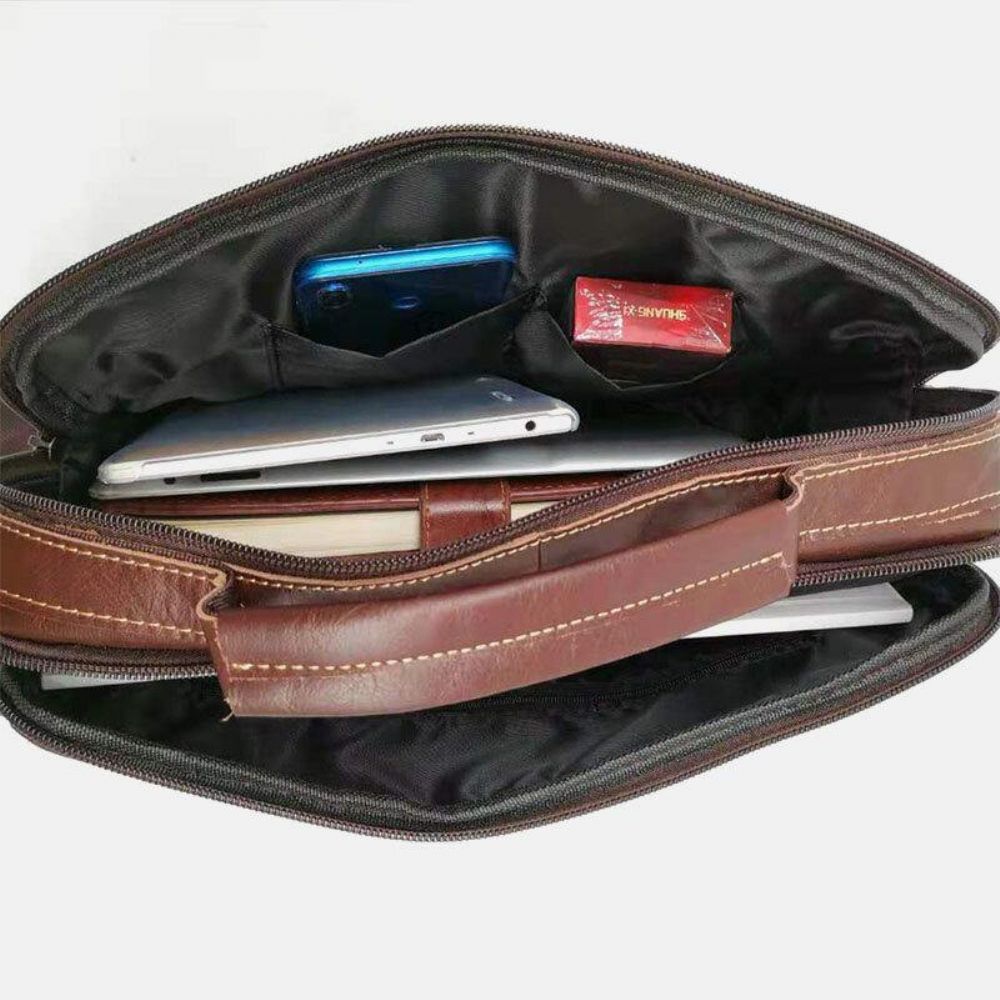 Mannen Lederen Multi-Pocket Handtas Zakelijke Tas Laptoptas Schoudertas