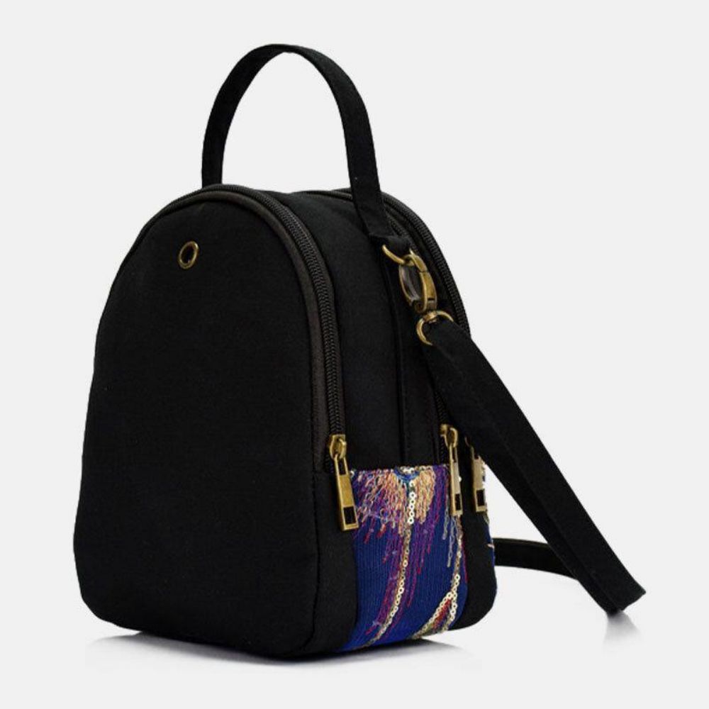 Vrouwen Canvas Etnische Stijl Borduurwerk Pauw Patroon Pailletten Mini Multi-Carry Handtas Crossbody Tas