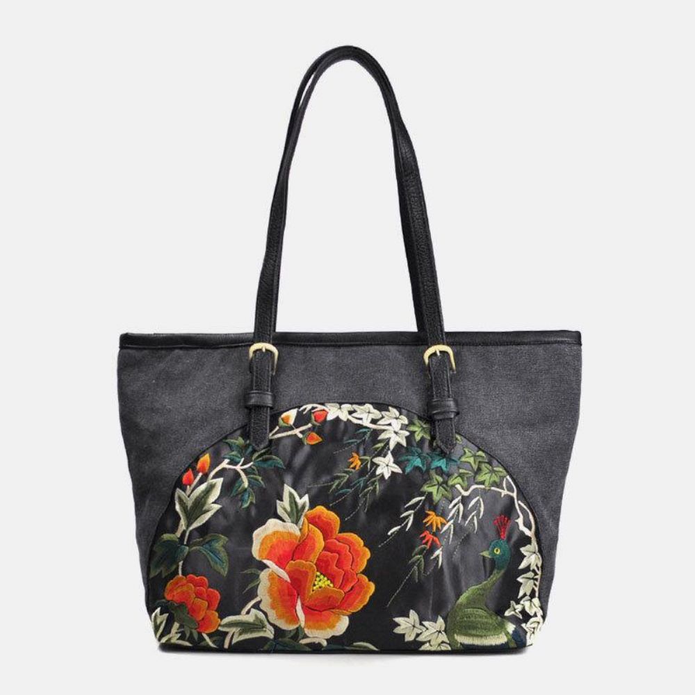 Vrouwen Canvas Etnische Stijl Geborduurde Bloemen Grote Capaciteit Handtas Schoudertas Tote