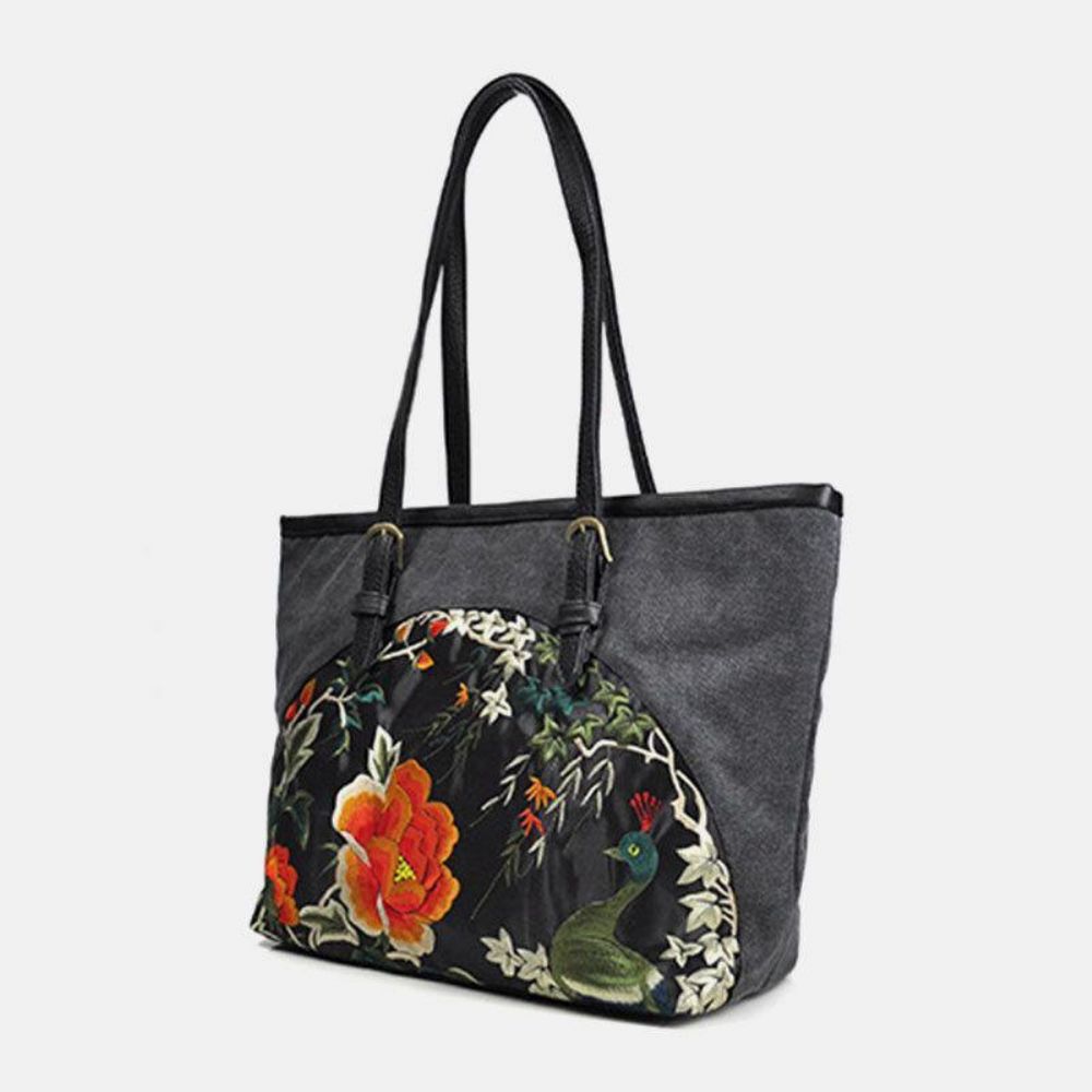 Vrouwen Canvas Etnische Stijl Geborduurde Bloemen Grote Capaciteit Handtas Schoudertas Tote