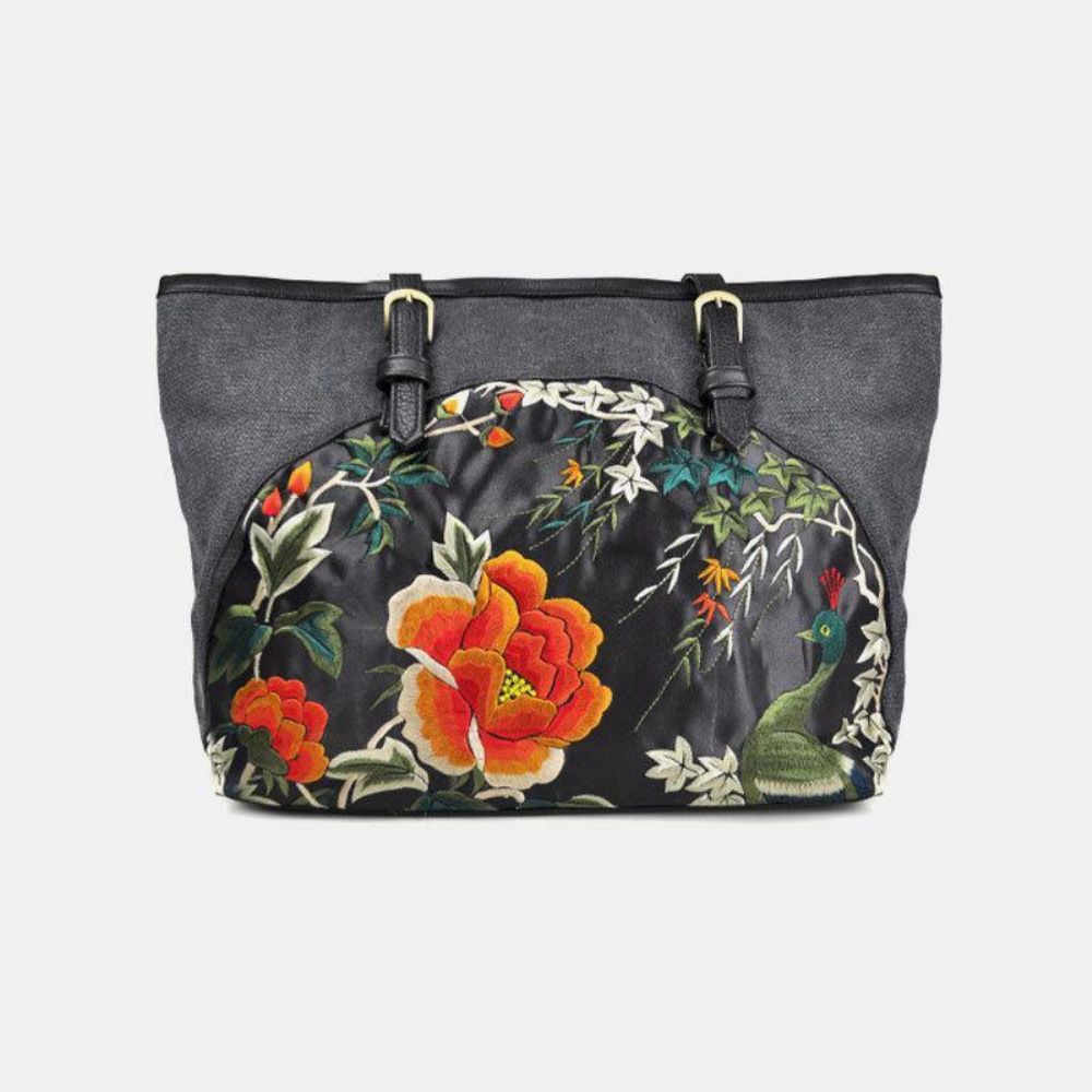 Vrouwen Canvas Etnische Stijl Geborduurde Bloemen Grote Capaciteit Handtas Schoudertas Tote