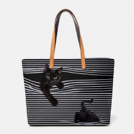 Vrouwen Canvas Grote Capaciteit Streep Driedimensionale Cartoon Leuke Kat Handtas Schoudertas Tote