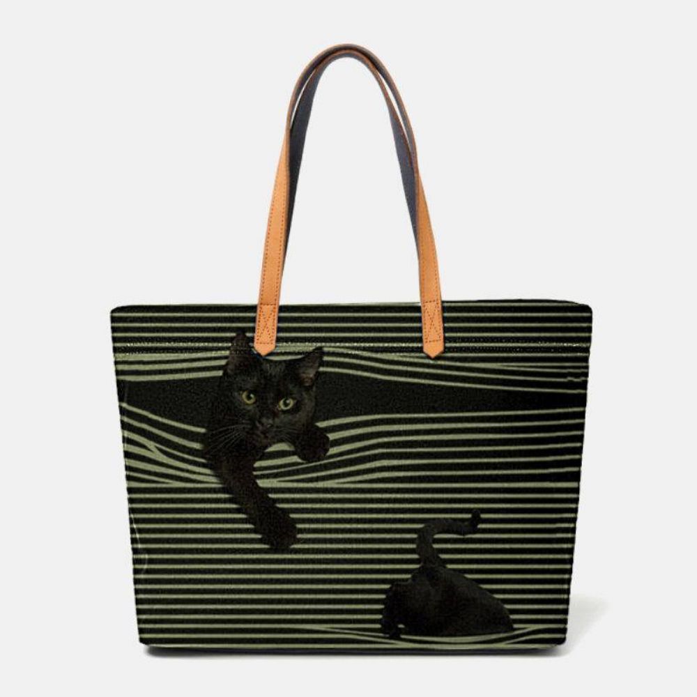 Vrouwen Canvas Grote Capaciteit Streep Driedimensionale Cartoon Leuke Kat Handtas Schoudertas Tote