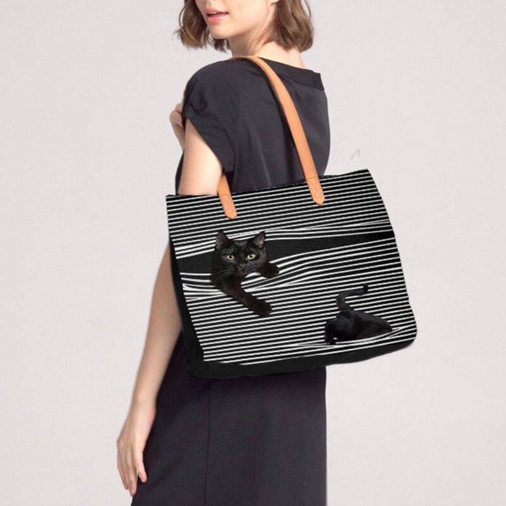 Vrouwen Canvas Grote Capaciteit Streep Driedimensionale Cartoon Leuke Kat Handtas Schoudertas Tote