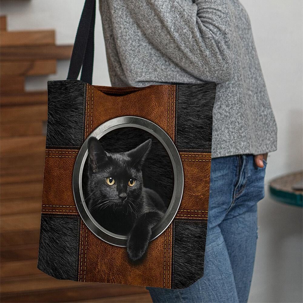 Vrouwen Canvas Leuke Cartoon Zwarte Kat Print Handtas Tote Schoudertas