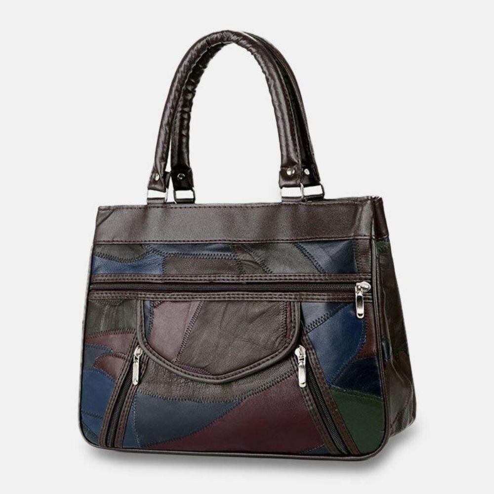 Vrouwen Echt Leer Patchwork Geschilderde Draagtas Multi-Pocket Grote Capaciteit Handtassen Vintage Crossbody Tassen