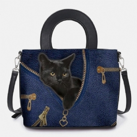 Vrouwen Kunstleer Cartoon Zwarte Kat Patroon Multi-Carry Handtas Crossbody Tas Schooltas