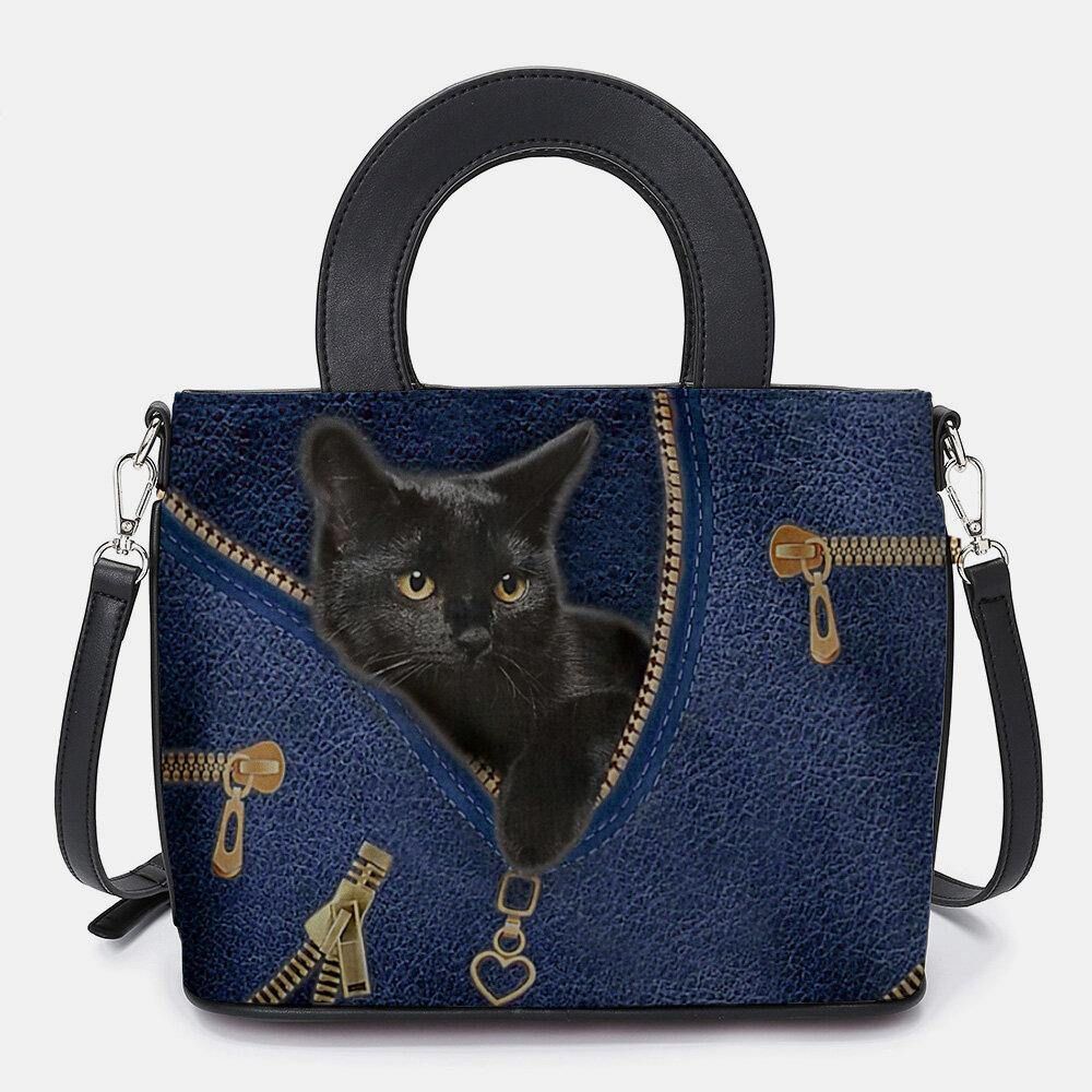 Vrouwen Kunstleer Cartoon Zwarte Kat Patroon Multi-Carry Handtas Crossbody Tas Schooltas