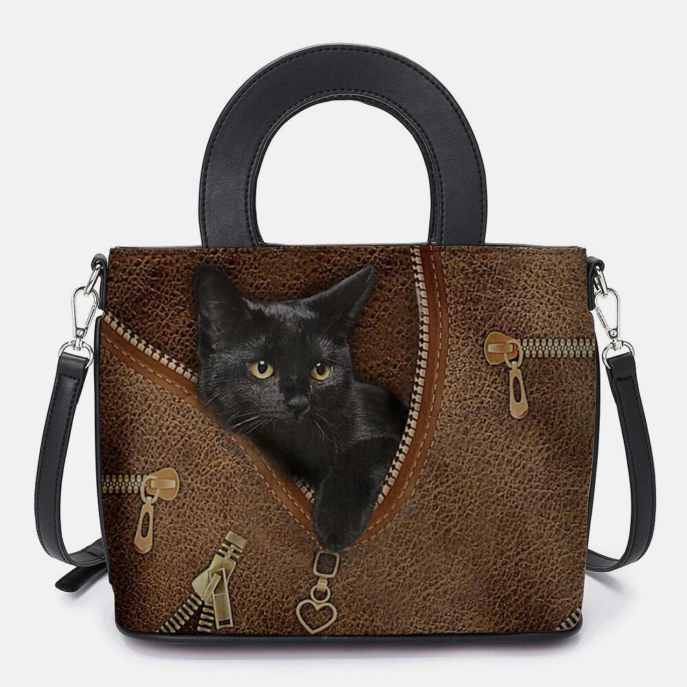 Vrouwen Kunstleer Cartoon Zwarte Kat Patroon Multi-Carry Handtas Crossbody Tas Schooltas