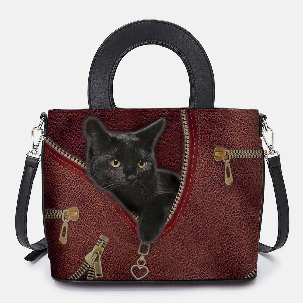 Vrouwen Kunstleer Cartoon Zwarte Kat Patroon Multi-Carry Handtas Crossbody Tas Schooltas