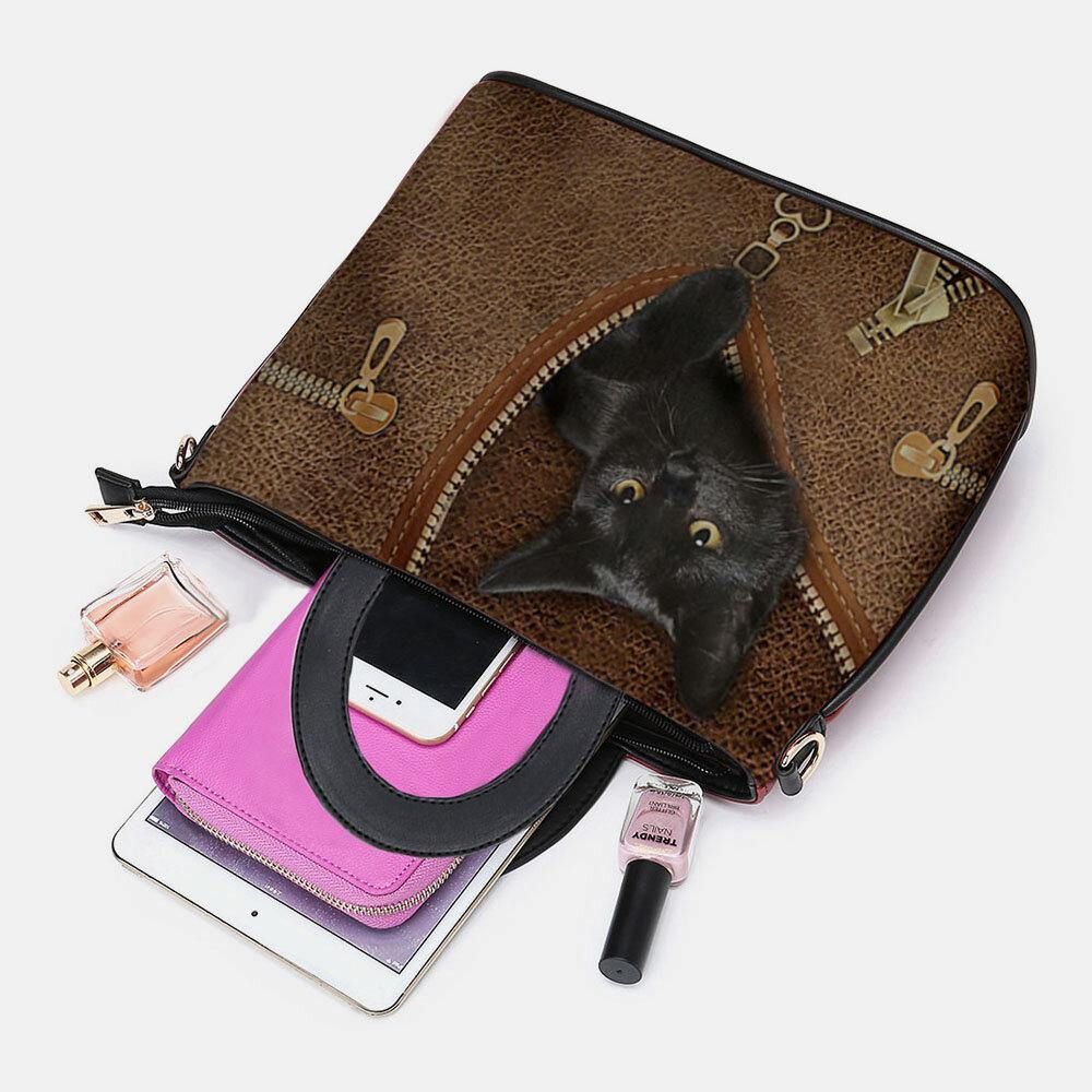 Vrouwen Kunstleer Cartoon Zwarte Kat Patroon Multi-Carry Handtas Crossbody Tas Schooltas