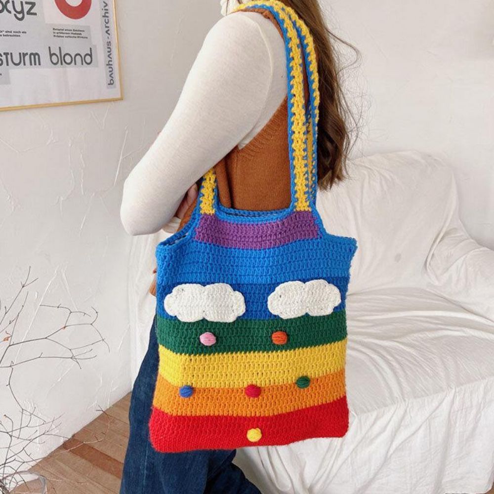 Vrouwen Regenboog Streep Cartoon Leuke Casual Jeugd Wol Gebreide Tas Handtas Tote Crossbody Tas