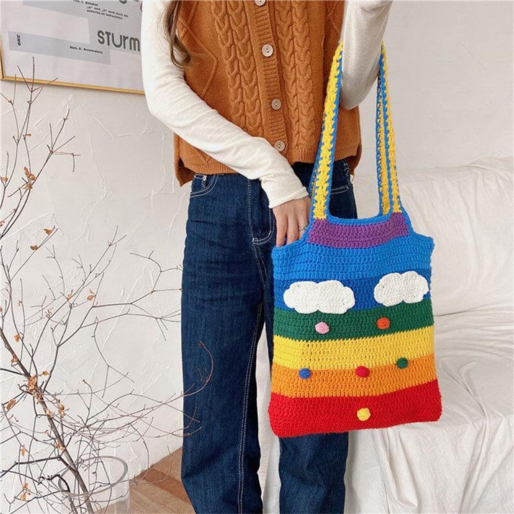 Vrouwen Regenboog Streep Cartoon Leuke Casual Jeugd Wol Gebreide Tas Handtas Tote Crossbody Tas