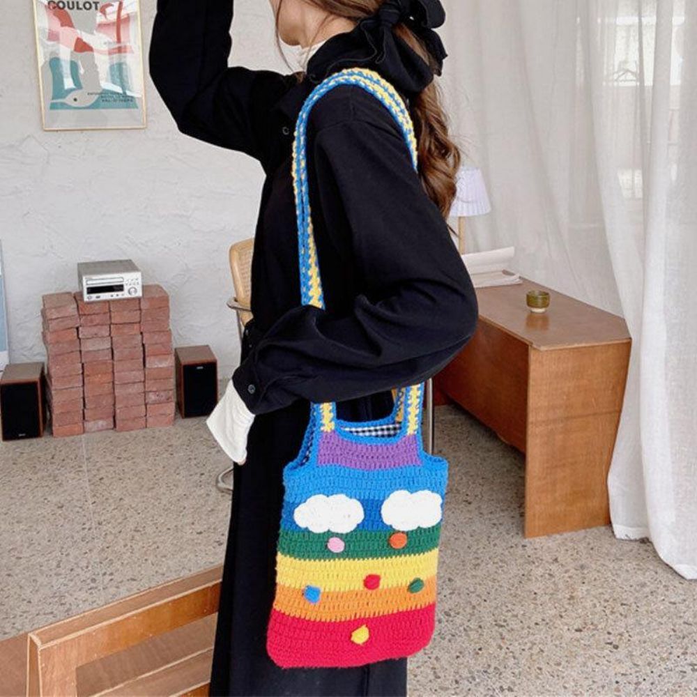 Vrouwen Regenboog Streep Cartoon Leuke Casual Jeugd Wol Gebreide Tas Handtas Tote Crossbody Tas