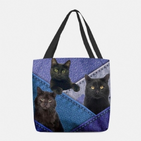 Vrouwen Vilt Katten Patroon Patchwork Afdrukken Handtas Schoudertas Tote