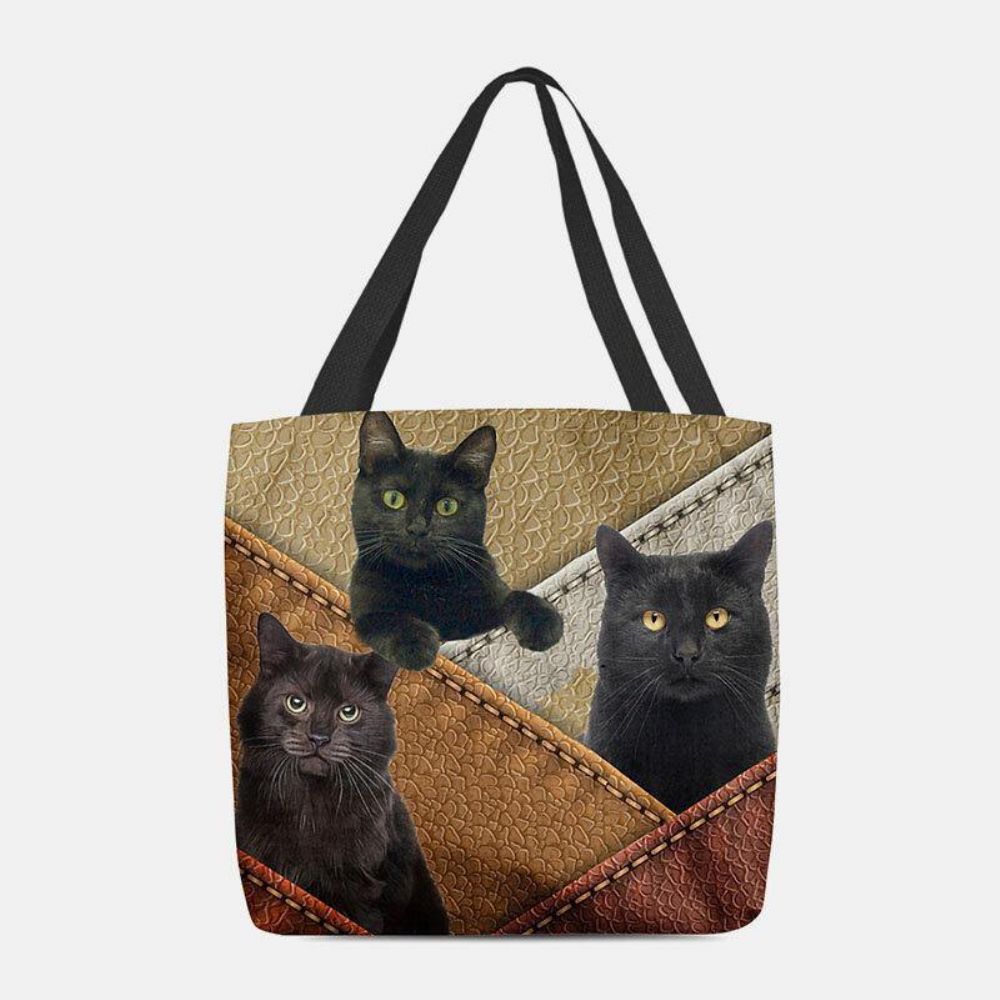 Vrouwen Vilt Katten Patroon Patchwork Afdrukken Handtas Schoudertas Tote