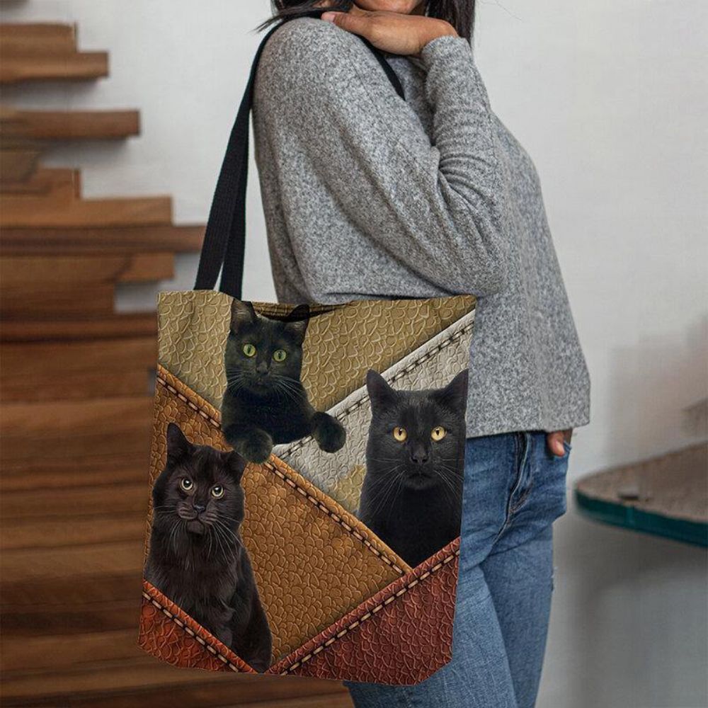 Vrouwen Vilt Katten Patroon Patchwork Afdrukken Handtas Schoudertas Tote