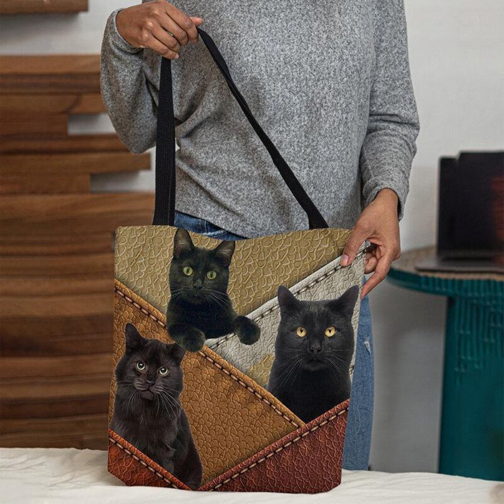 Vrouwen Vilt Katten Patroon Patchwork Afdrukken Handtas Schoudertas Tote