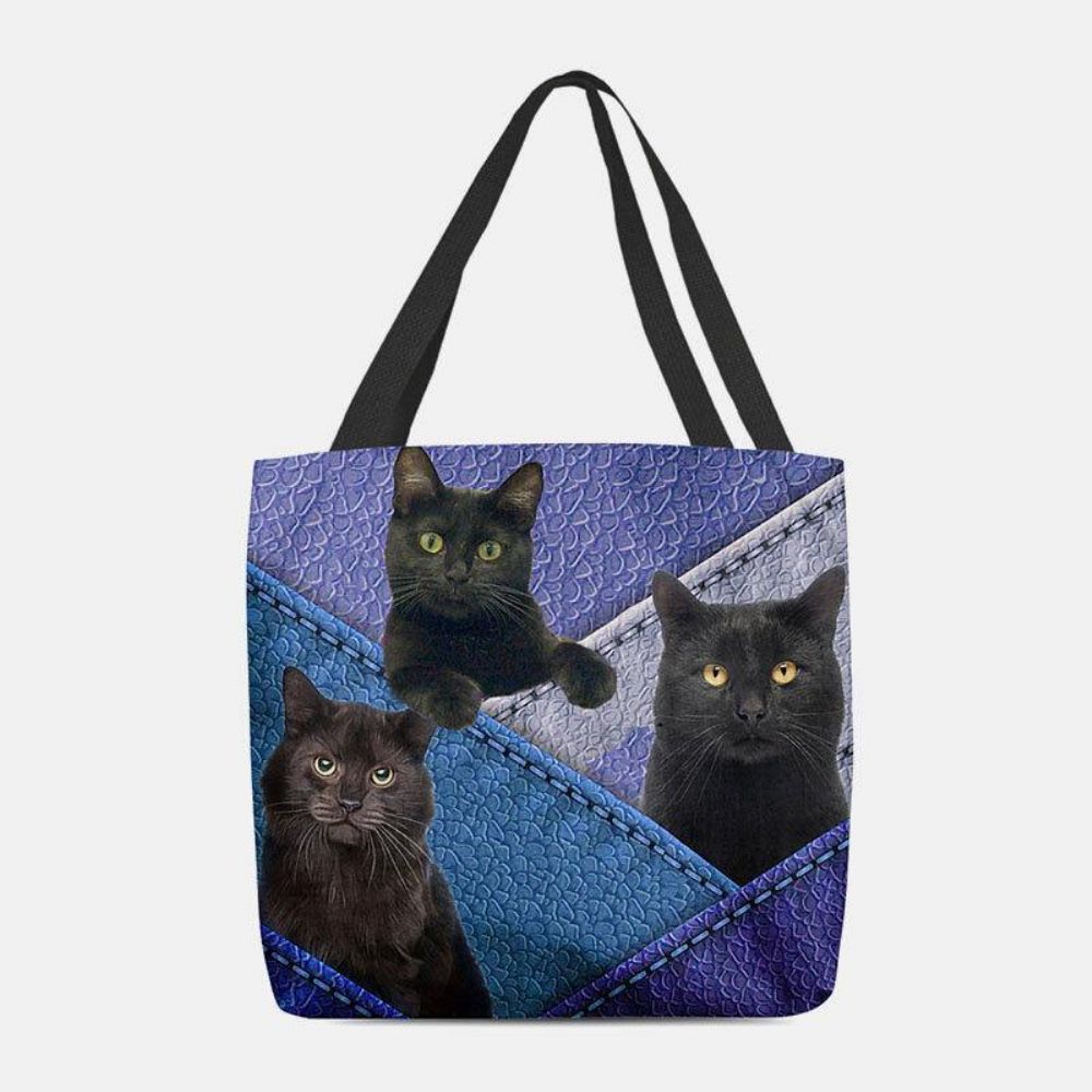 Vrouwen Vilt Katten Patroon Patchwork Afdrukken Handtas Schoudertas Tote