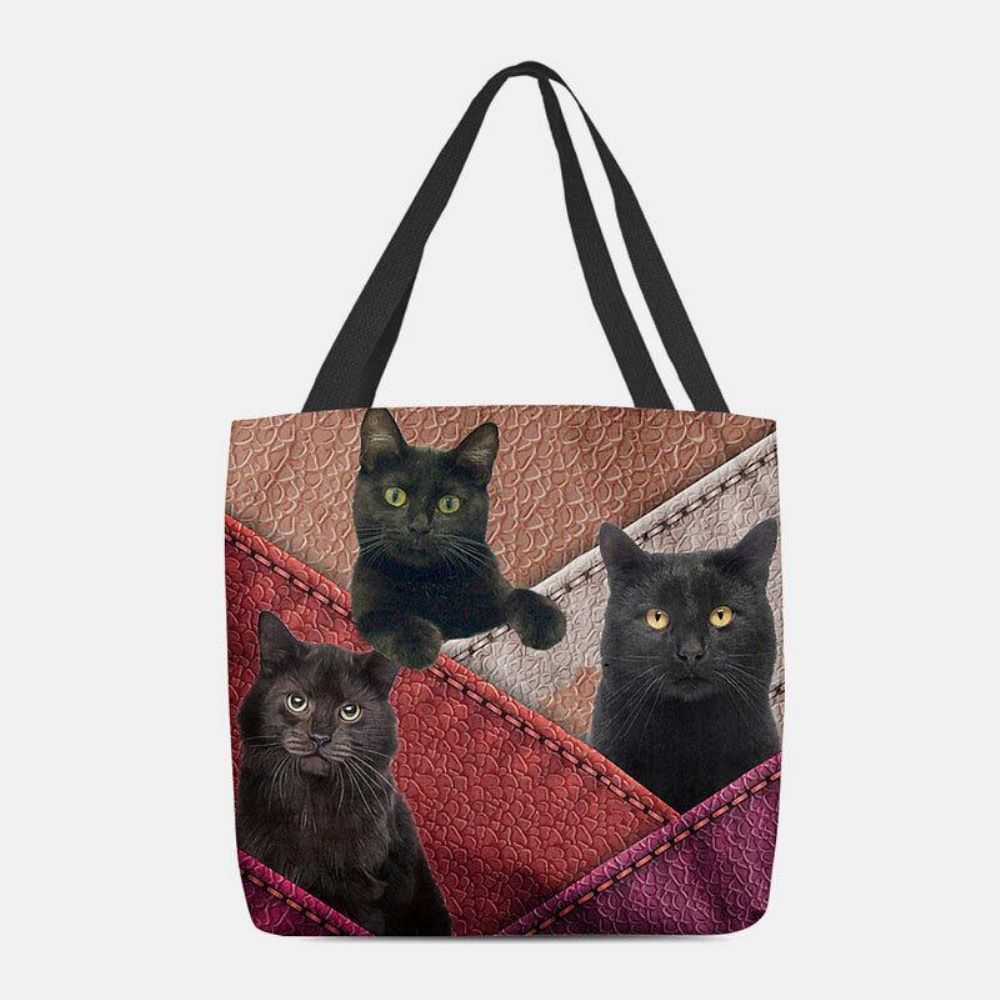 Vrouwen Vilt Katten Patroon Patchwork Afdrukken Handtas Schoudertas Tote