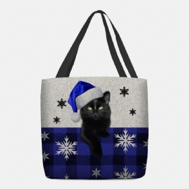 Vrouwen Voelde Leuke Cartoon Feestelijke Kerst Geklede Kat Sneeuwvlok Patroon Schoudertas Handtas Tote