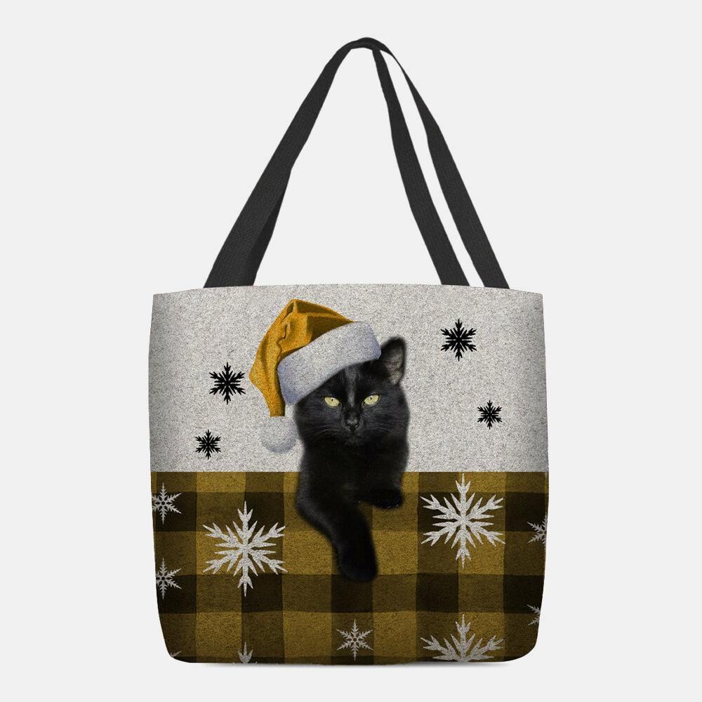 Vrouwen Voelde Leuke Cartoon Feestelijke Kerst Geklede Kat Sneeuwvlok Patroon Schoudertas Handtas Tote