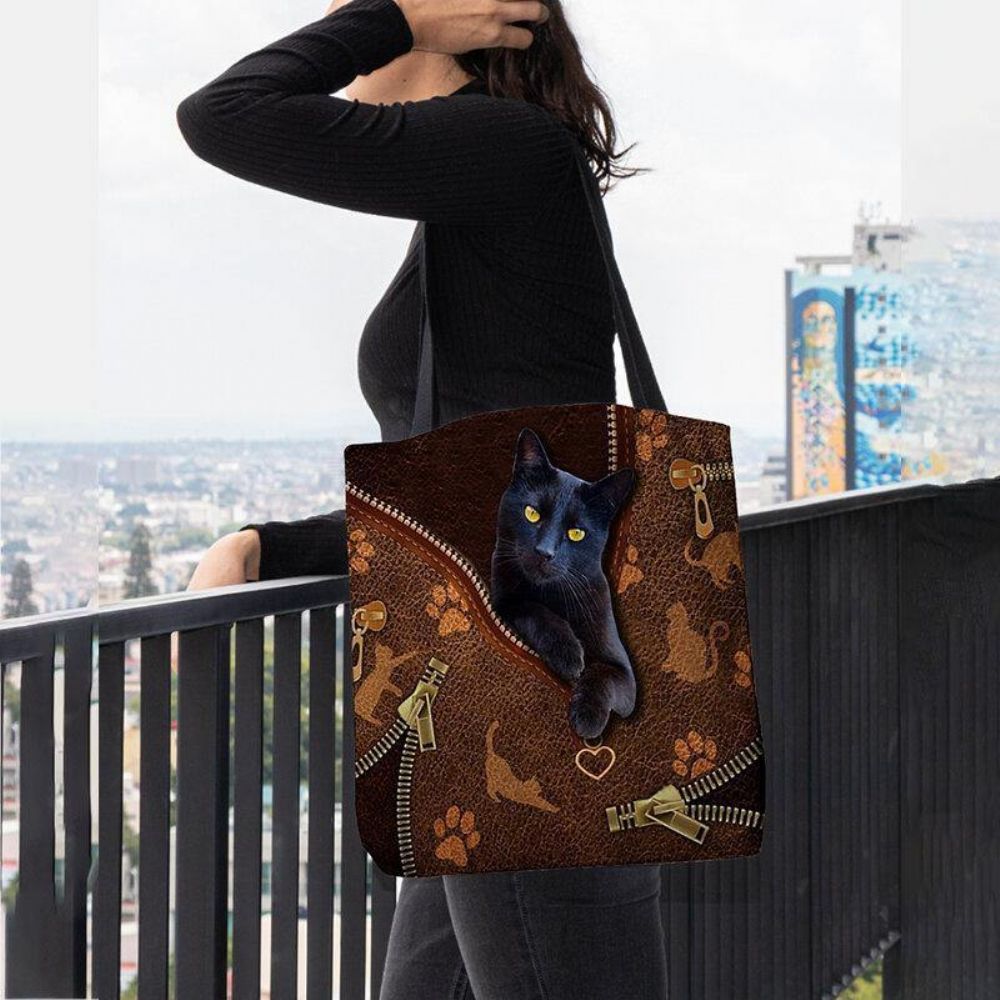 Vrouwen Voelden Leuke 3D Driedimensionale Cartoon Zwarte Kat Patroon Schoudertas Handtas Tote