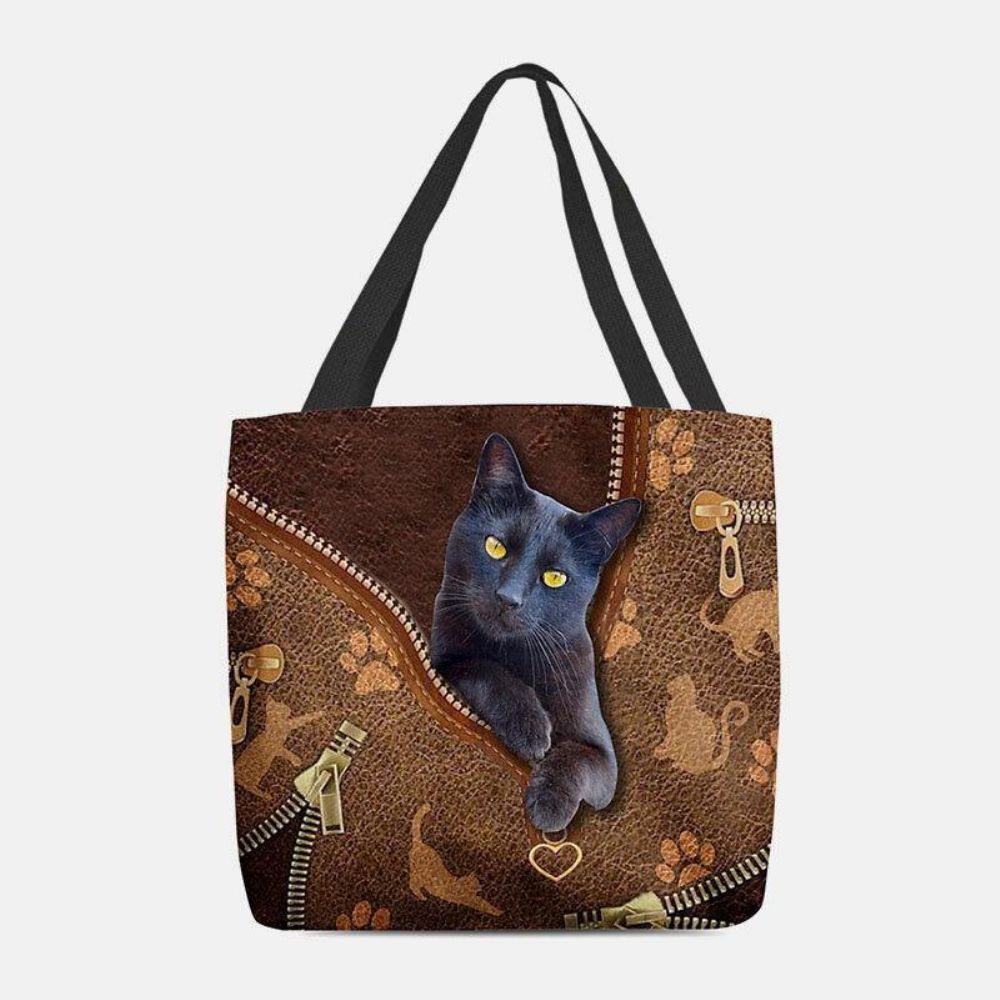 Vrouwen Voelden Leuke 3D Driedimensionale Cartoon Zwarte Kat Patroon Schoudertas Handtas Tote