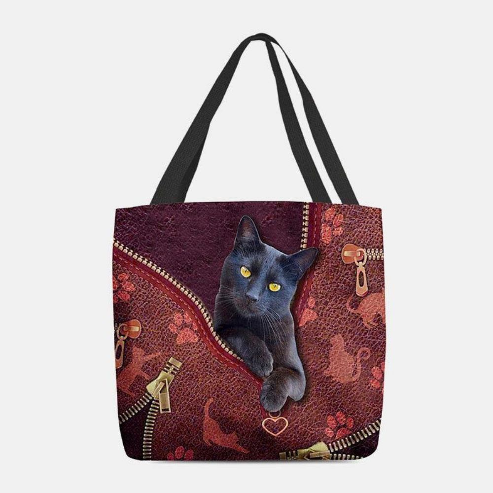 Vrouwen Voelden Leuke 3D Driedimensionale Cartoon Zwarte Kat Patroon Schoudertas Handtas Tote