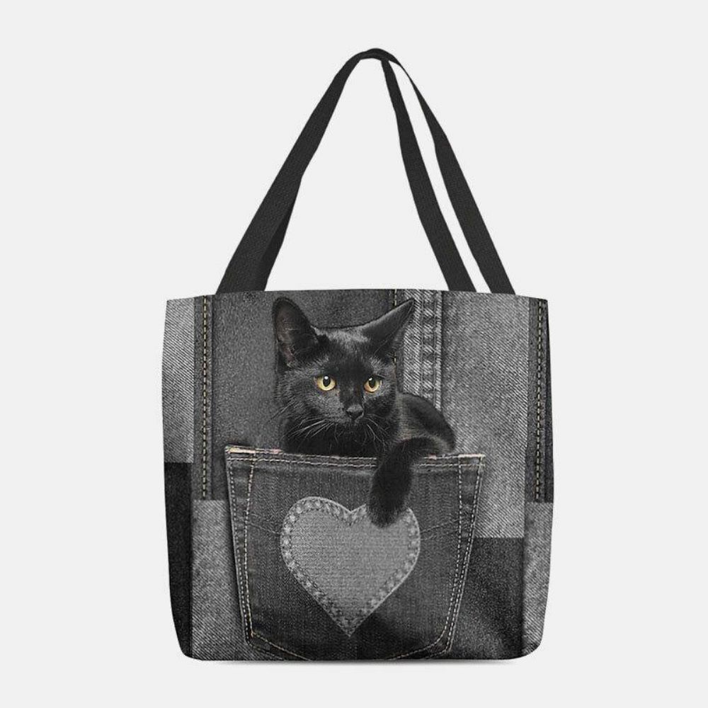 Vrouwen Voelden Leuke 3D Driedimensionale Zwarte Kat Binnen Jeans Patroon Schoudertas Handtas Tote