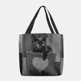 Vrouwen Voelden Leuke 3D Driedimensionale Zwarte Kat Binnen Jeans Patroon Schoudertas Handtas Tote