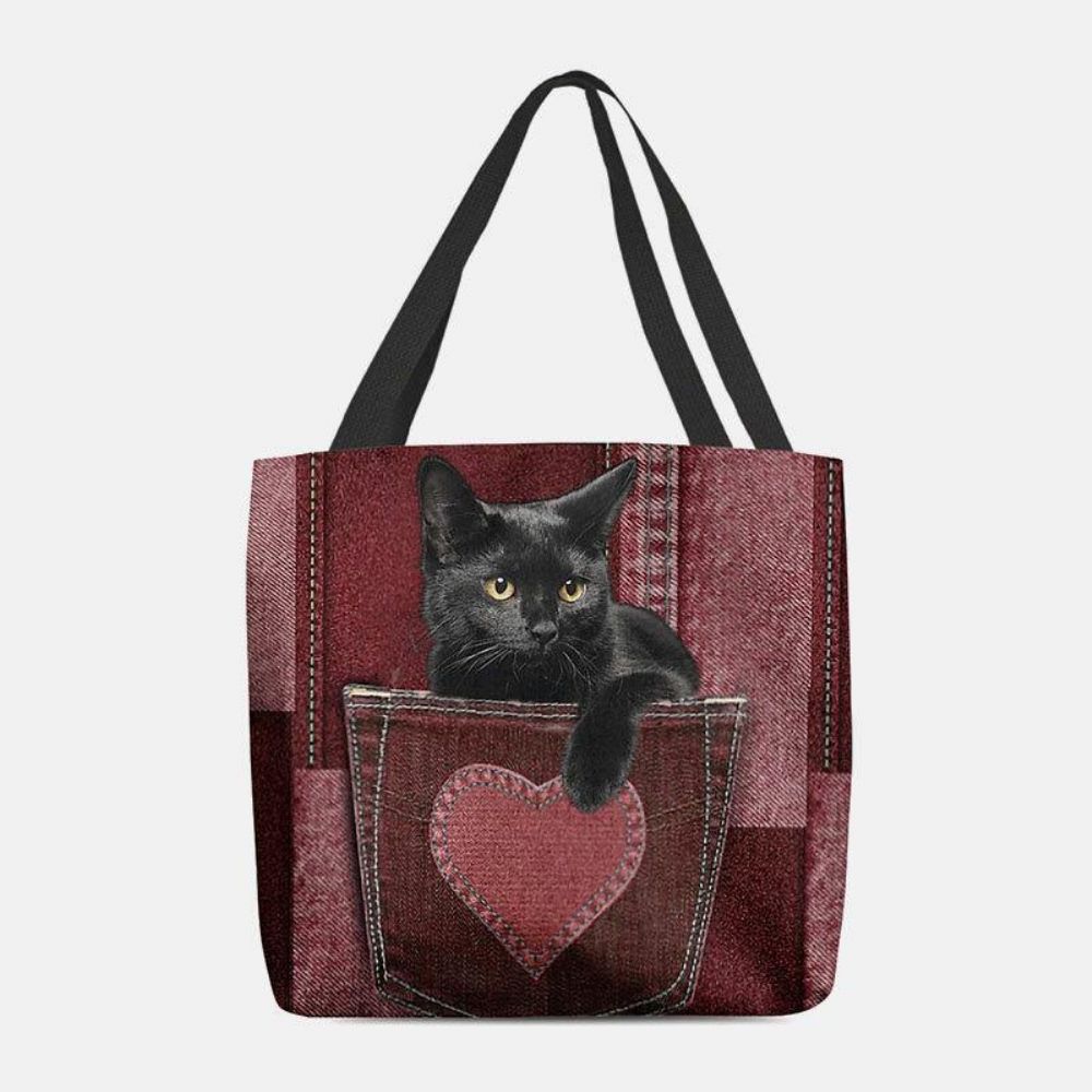 Vrouwen Voelden Leuke 3D Driedimensionale Zwarte Kat Binnen Jeans Patroon Schoudertas Handtas Tote