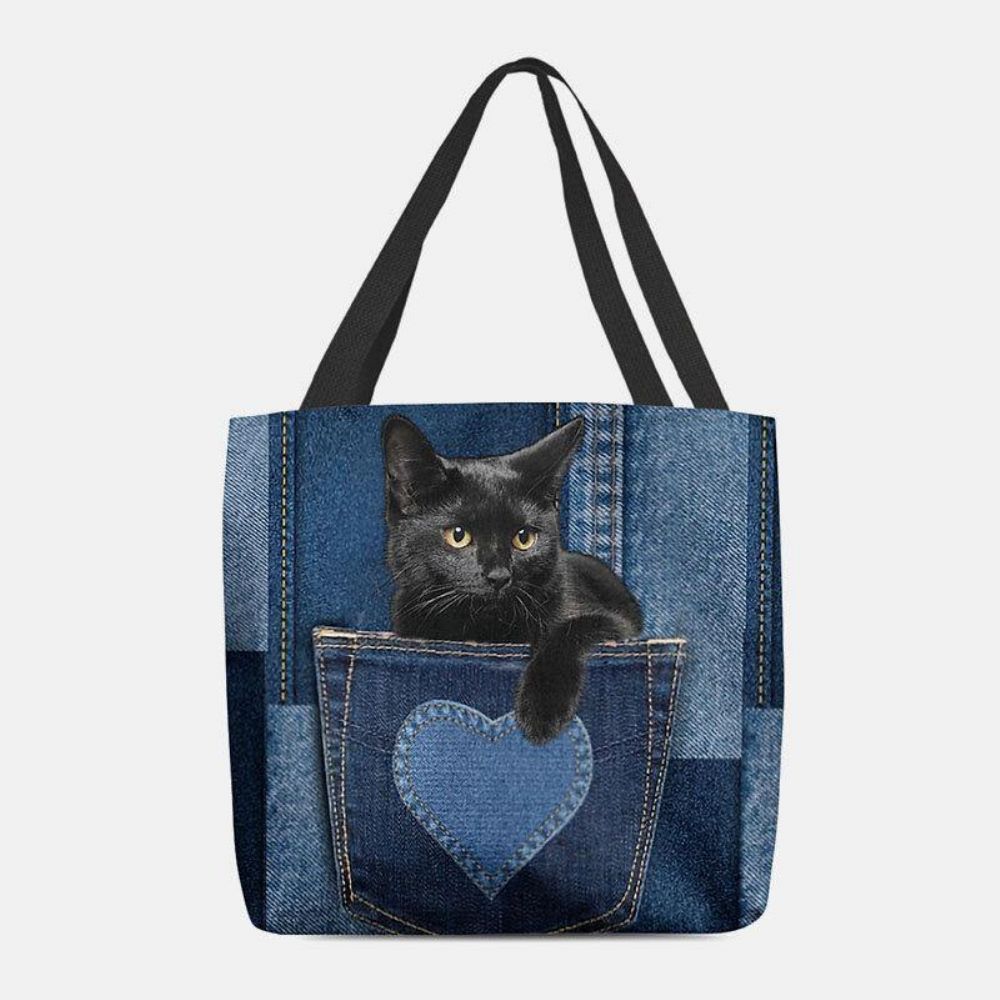 Vrouwen Voelden Leuke 3D Driedimensionale Zwarte Kat Binnen Jeans Patroon Schoudertas Handtas Tote