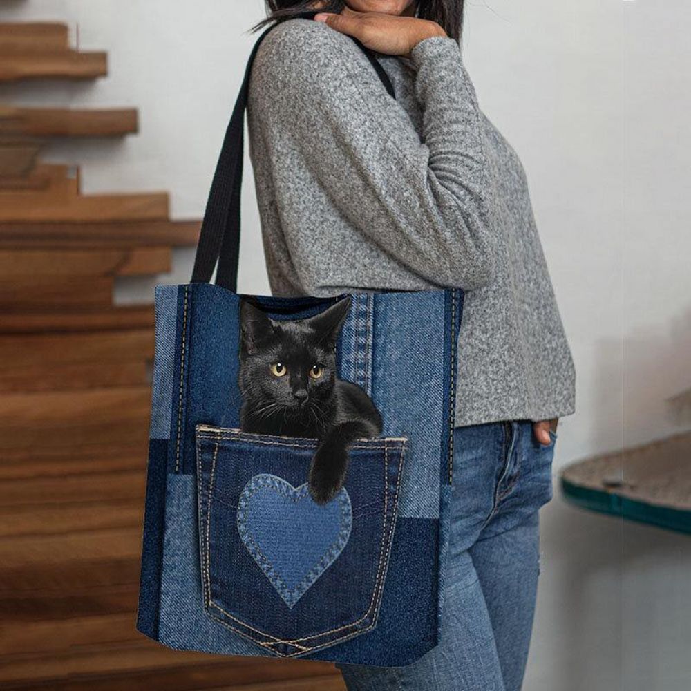 Vrouwen Voelden Leuke 3D Driedimensionale Zwarte Kat Binnen Jeans Patroon Schoudertas Handtas Tote