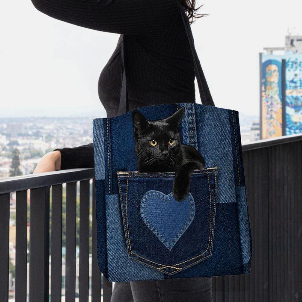 Vrouwen Voelden Leuke 3D Driedimensionale Zwarte Kat Binnen Jeans Patroon Schoudertas Handtas Tote